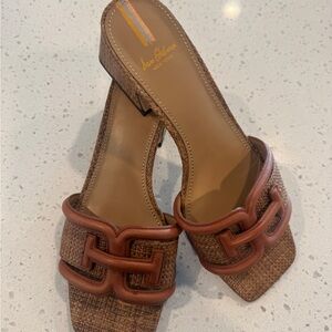 Sam Edelman Brown Woven Leather-Trim Slide Heels